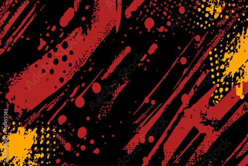 Abstract grunge vector background with dynamic red and yellow paint strokes, splatters, and halftone dots on a black base. Edgy, textured design element for energetic or industrial-themed projects.