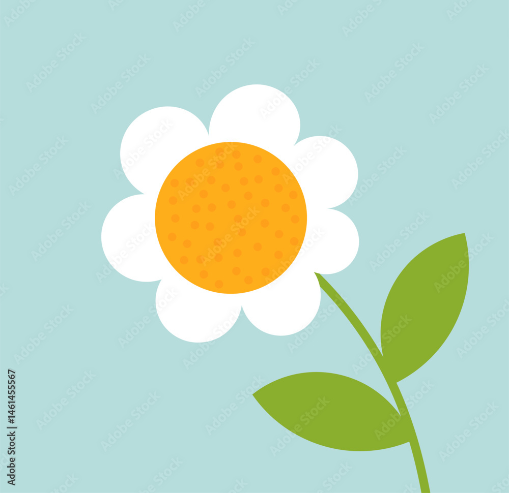 Cute white flower over blue sky background. Simple flower flat design element. Vector illustration.