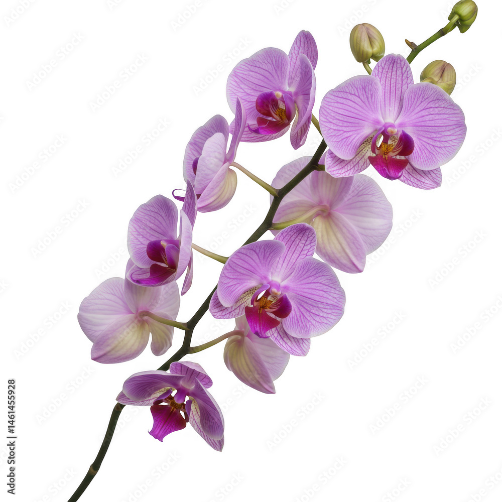 Close up of a stem with several light purple orchid blossoms present on transparent background Close up of a stem with several light purple orchid blossoms present on transparent background