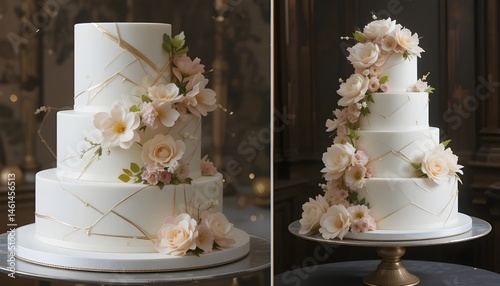A collection of two modern wedding cake, minimalist design with smooth fondant, geometric gold accents, cascading fresh flowers, clean lines, elegant and sophisticated, high-definition photo, 