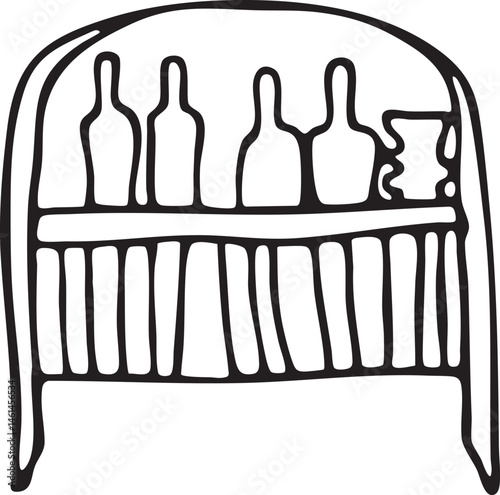A wooden shelf displays several bottles in a linear arrangement.