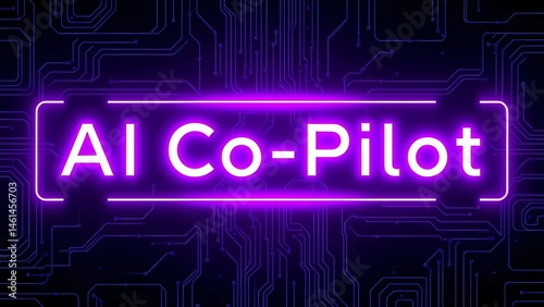 The text AI Co-Pilot illuminated in neon on a futuristic cyberspace backdrop, representing a collaborative artificial intelligence assistant and next-generation automation working alongside humans to 