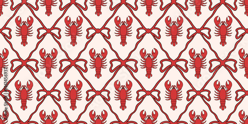 Amalfi. Italy. Seamless Trellis with lobster bow and ribbon. Vector illustration of seamless lobster background. Perfect Coquette style food wrapping paper wallpaper print template design. EPS 10