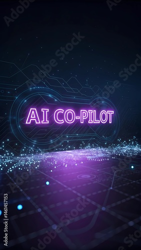 The text AI Co-Pilot illuminated in neon on a futuristic cyberspace backdrop, representing a collaborative artificial intelligence assistant and next-generation automation working alongside humans to 