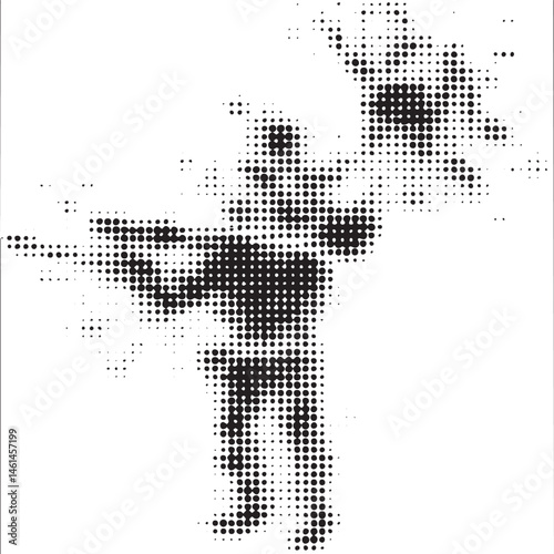 A solitary figure stands gracefully in a dynamic pose rendered with a pointillist technique.