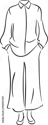 A slender figure stands with arms outstretched presenting a flowing garment.