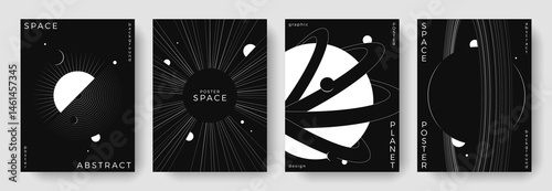 Set of abstract space astronomy backgrounds. Line art simple planet, galaxy, black hole. Black and white science future concept. Futuristic minimal design for cover, poster, banner, flyer, brochure