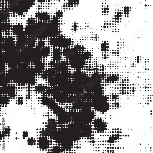 A dense textured tree silhouette dominates a black and white background of scattered dots.