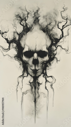 A skull enveloped in dark, swirling branches, evoking a sense of mystery and foreboding