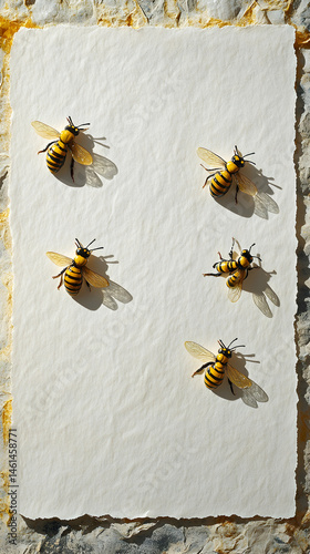 Five tiny bees on textured paper
