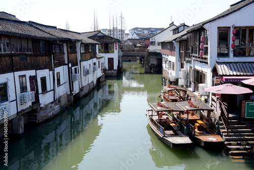 Photography Boot, Gondel, Hafen im Kanal, Zhujiajiao, Shanghai, China, Asien,  Brücke, Zhuji