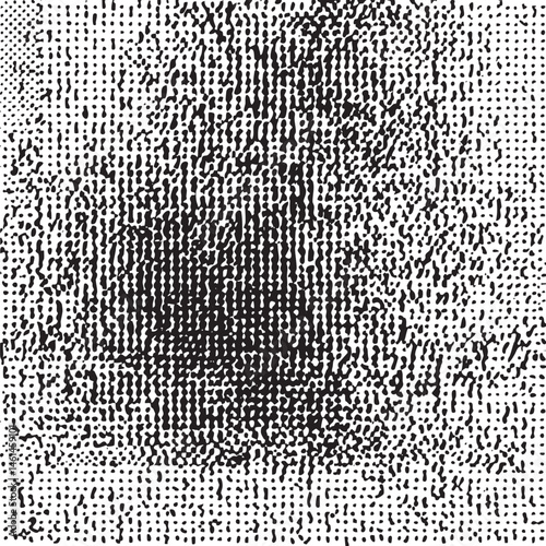A densely patterned grayscale reveals a blurred human face.
