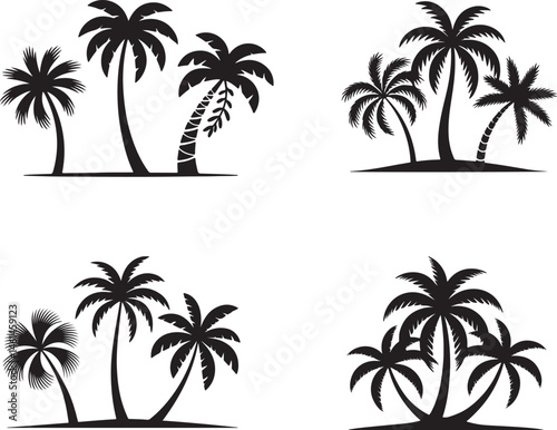 Set of Palm Tree Silhouettes Isolated on White Background  Tropical Nature 