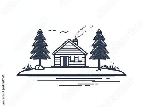 line icon house on a white background, vector house with trees 