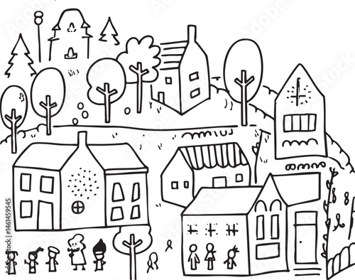 A whimsical black and white depicts a collection of simple houses nestled amongst stylized trees.