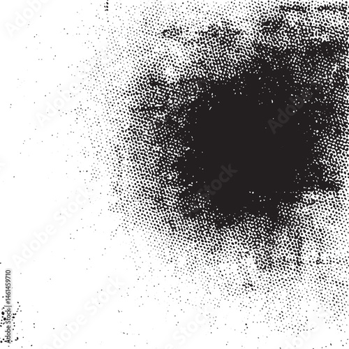 A solitary face emerges from a field of black dots against a white background.