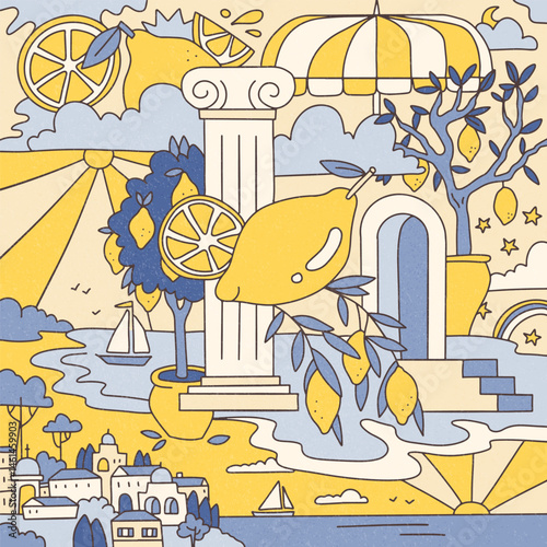 Psychedelic composition on the theme of juicy lemons and summer holidays on the shore of the Mediterranean Sea in the style of trippy doodle. Vintage summer vibe. Flat hand drawn vector illustration.
