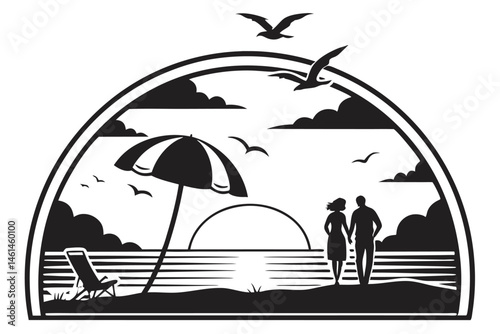 86 Beach scenes, silhouettes, black and white, sunset, ocean view, couples, lone figure, beach umbrella, seagulls, clouds, horizon, reflections, waves, semicircle framing, minimalist design, contrast,