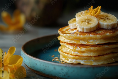 Stacked pancakes with crispy golden edges drizzled with honey, garnished with banana slices, served on blue ceramic plate