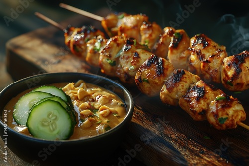 Skewer of chicken satay, golden-brown and glistening with marinade, served with a bowl of creamy peanut sauce and cucumber slices. Traditional Thai dish