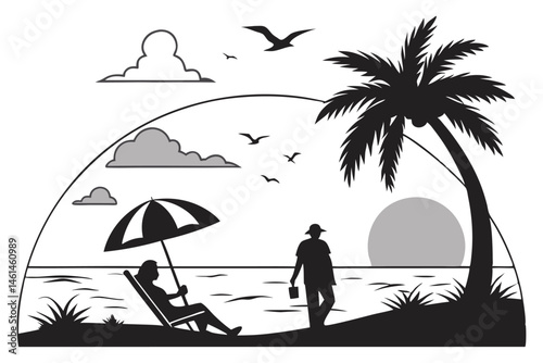 86 Beach scenes, silhouettes, black and white, sunset, ocean view, couples, lone figure, beach umbrella, seagulls, clouds, horizon, reflections, waves, semicircle framing, minimalist design, contrast,