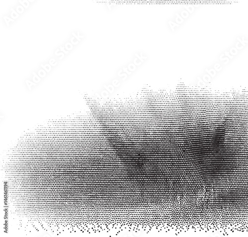 A textured dark shape dominates the upper portion of a white background.