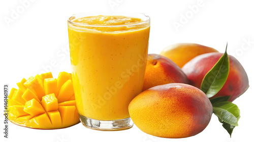 A vibrant glass of fresh mango juice, surrounded by juicy mango slices, a pomegranate, and green leave, top view