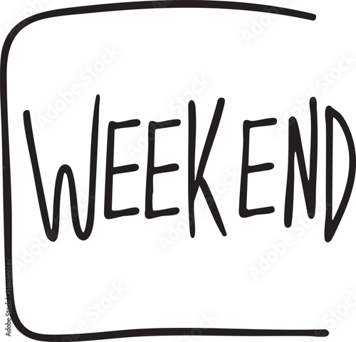 Bold black lettering spells the word 'WEEKEND' within a square frame.