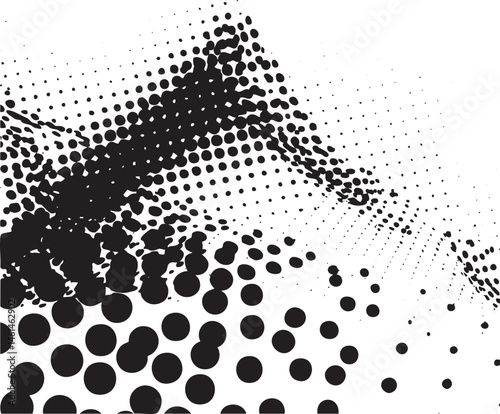A stylized dynamic wave of black dots cascades across a white background.