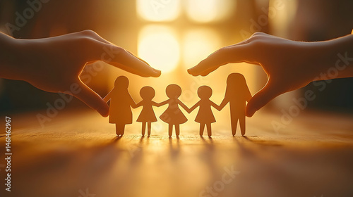 Warm family figures protected by hands in a sunlit setting.
