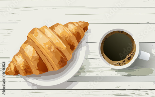 Croissant and Coffee on Wooden Table – Cozy Breakfast Vector in Flat Hand Drawn Style