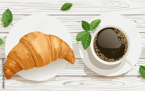 Croissant and Coffee on Wooden Table – Cozy Breakfast Vector in Flat Hand Drawn Style