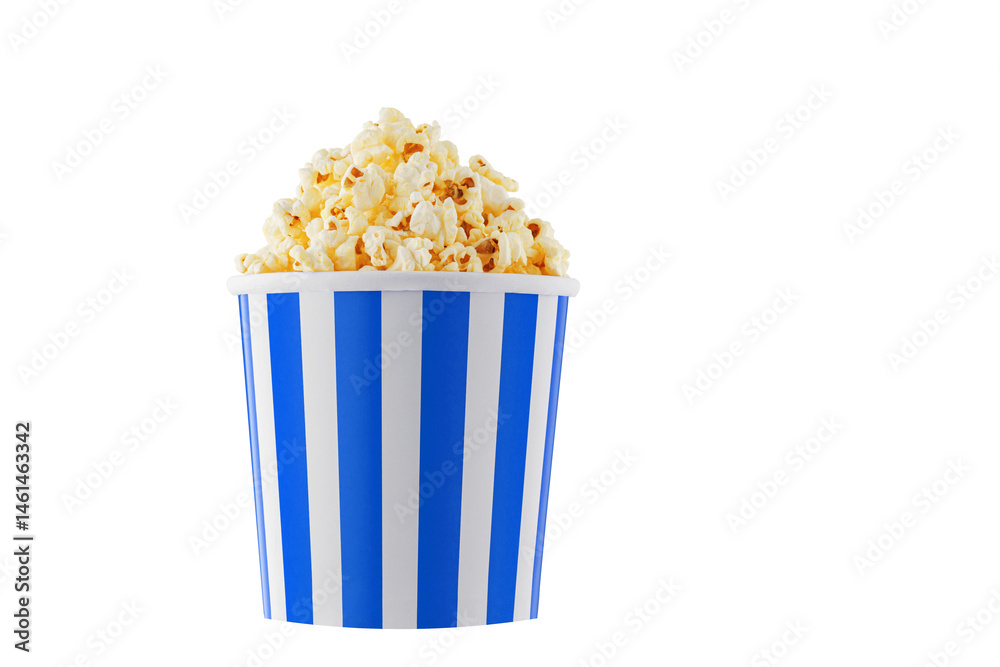 Delicious popcorn, classic box, classic paper cup with Blue stripe, isolated on white background close-up
