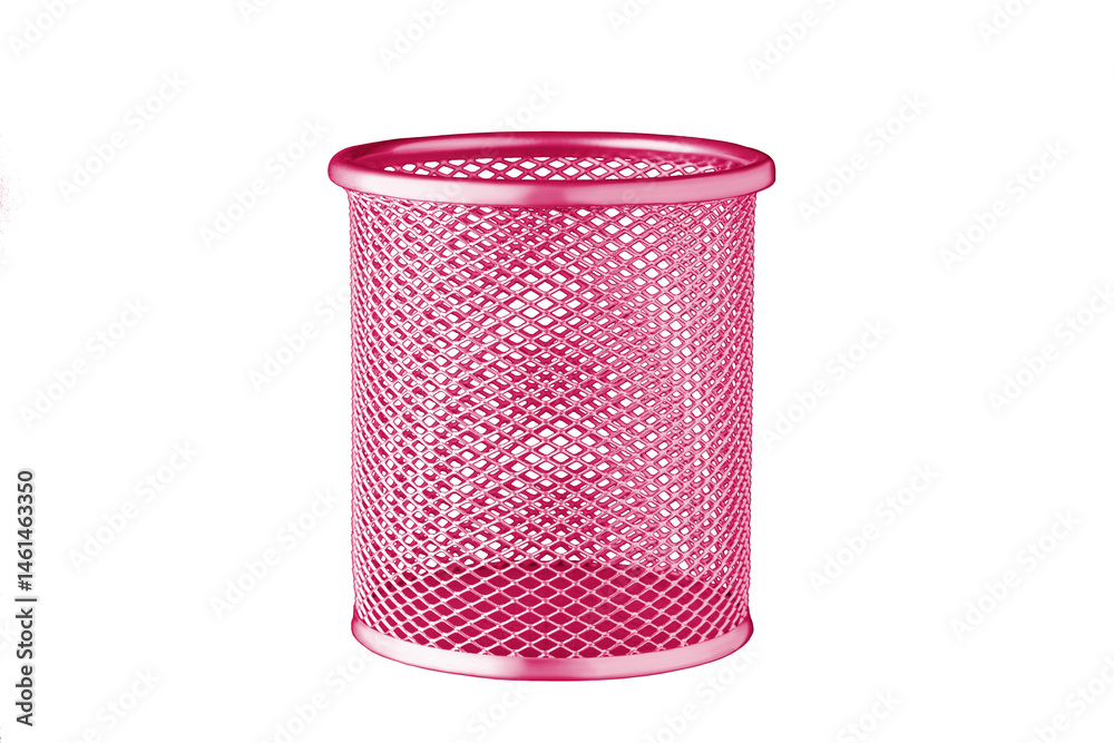metallic Glass of red color for stationery, pencils, pens, scissors, ruler, on an isolated white background close up