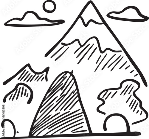 A stylized black and white depicts a mountain range under a bright sun.