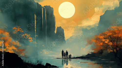 A family stands by a serene, misty lake, bathed in golden light.