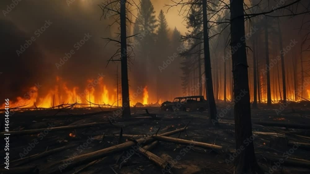dense forest with tall, dark tree trunks silhouetted against a backdrop of intense flames
