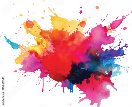 Bright colorful watercolor splash splatter stain brush strokes on white background. Modern vibrant aquarelle spot. Aquarelle explosion on white. Element. Vector watercolor illustration isolated design