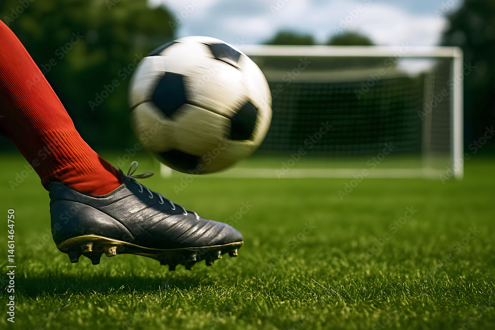 Soccer background concept, football banner with copy space text, foot kicking ball at goal, soccer game, match
