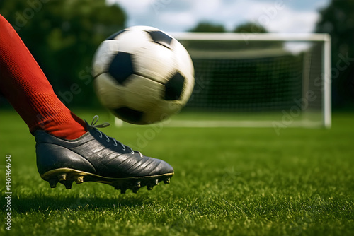 Obraz na płótnie Soccer background concept, football banner with copy space text, foot kicking ball at goal, soccer game, match w salonie