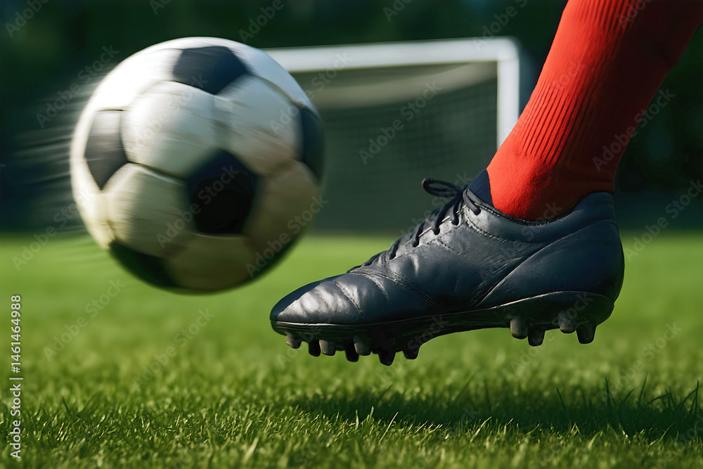 Soccer background concept, football banner with copy space text, foot kicking ball at goal, soccer game, match