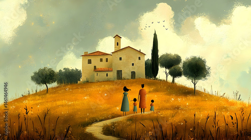 Family strolls towards a quaint hillside home.