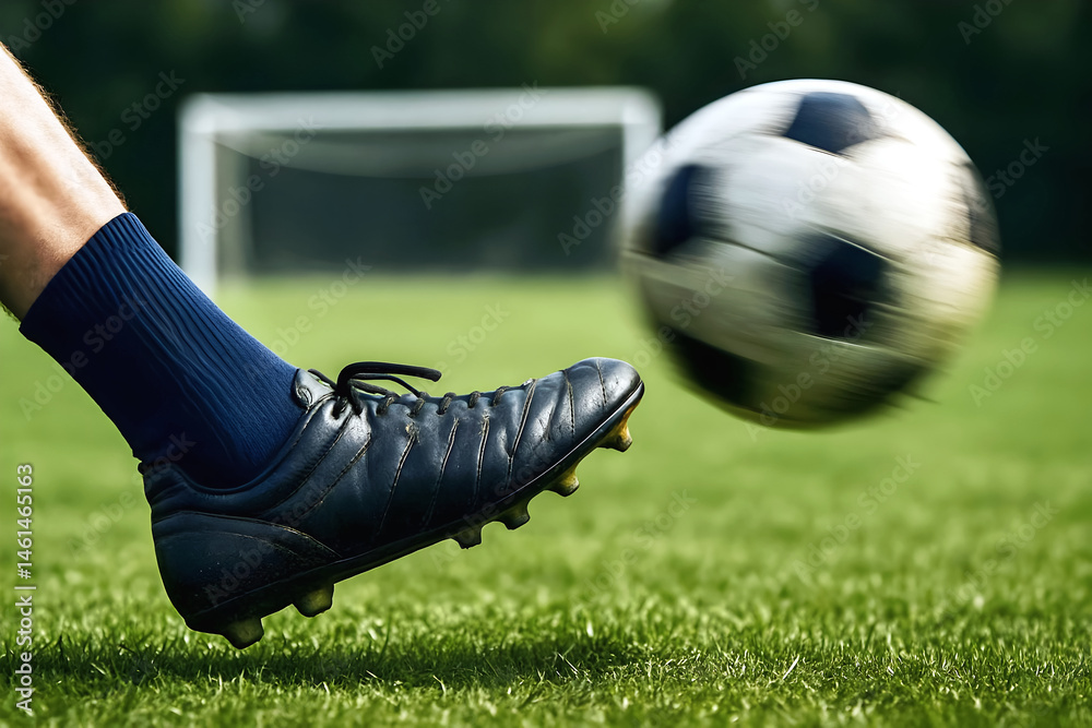Soccer background concept, football banner with copy space text, foot kicking ball at goal, soccer game, match