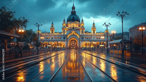 Illuminated city hall at dusk with rain reflections.