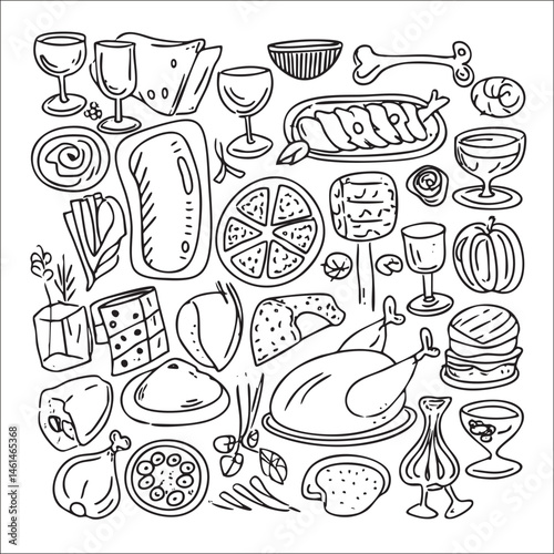 A diverse assortment of food items arranged on a tabletop.