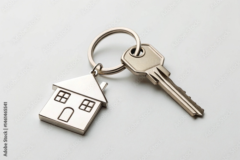 Key with keychain in the shape of a house on a white background Key with keychain in the shape of a house on a white background