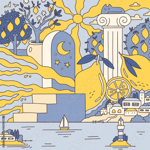 Psychedelic composition on the theme of summer, sea, lemons on the shore of the Mediterranean Sea in the style of trippy doodle. Vintage summer vibe. Flat hand drawn vector illustration.