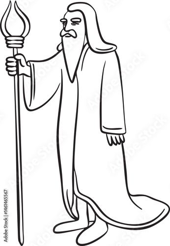An elderly man with a long beard holds a staff.