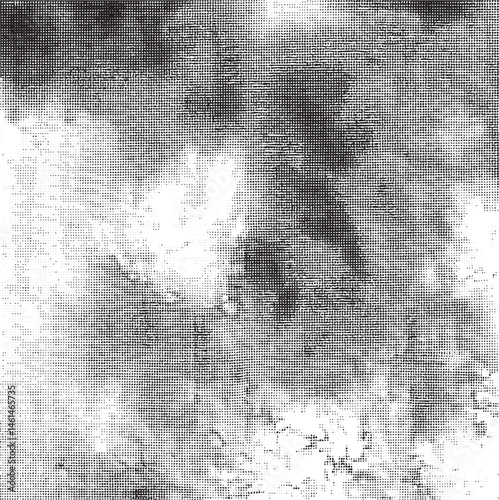 A grayscale portrait of a person's face partially obscured by intricate