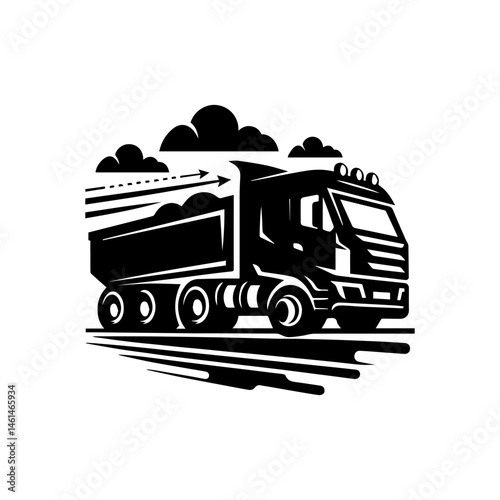 Monochrome vector drawing of a powerful dump truck for industrial transportation purposes